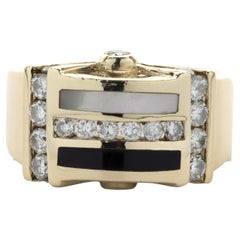 14 Karat Yellow Gold Black Onyx, Opal, and Diamond Geometric Ring