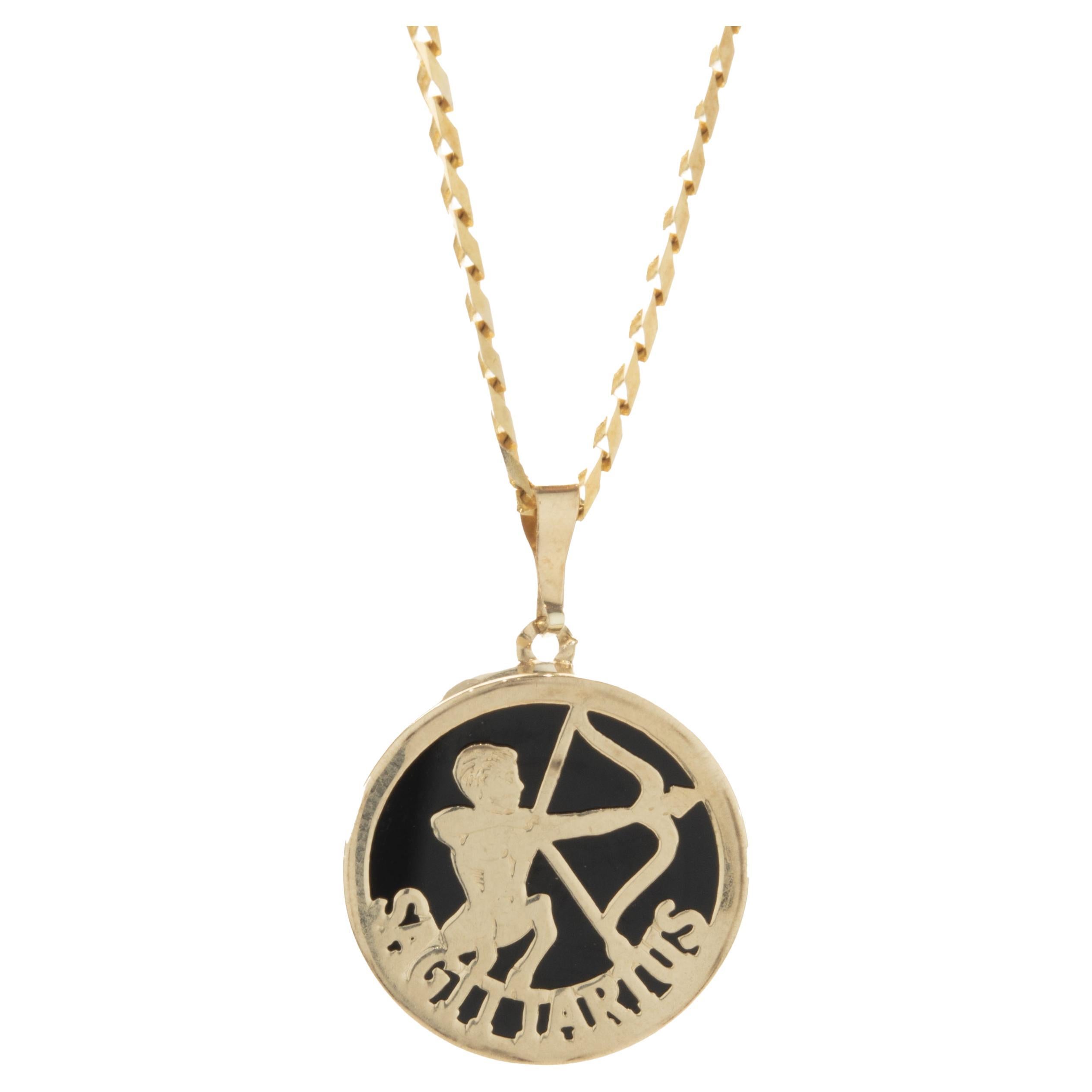 14 Karat Yellow Gold Black Onyx Sagittarius Necklace For Sale