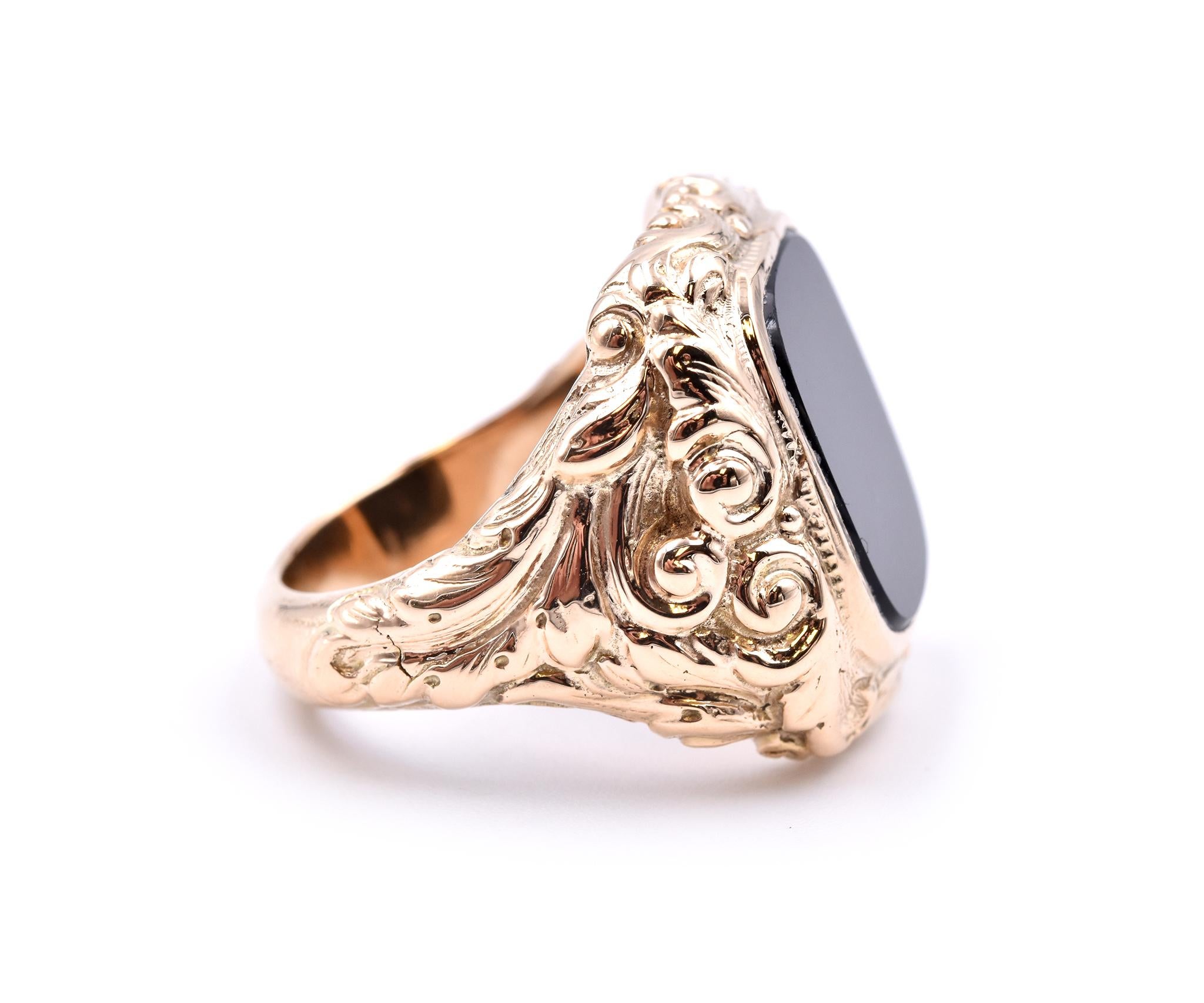 Designer: custom design
Material: 14k yellow gold 
Ring Size: 8 (please allow two additional shipping days for sizing requests)
Dimensions: ring top measures 21 X 22mm
Weight: 19.30 grams
