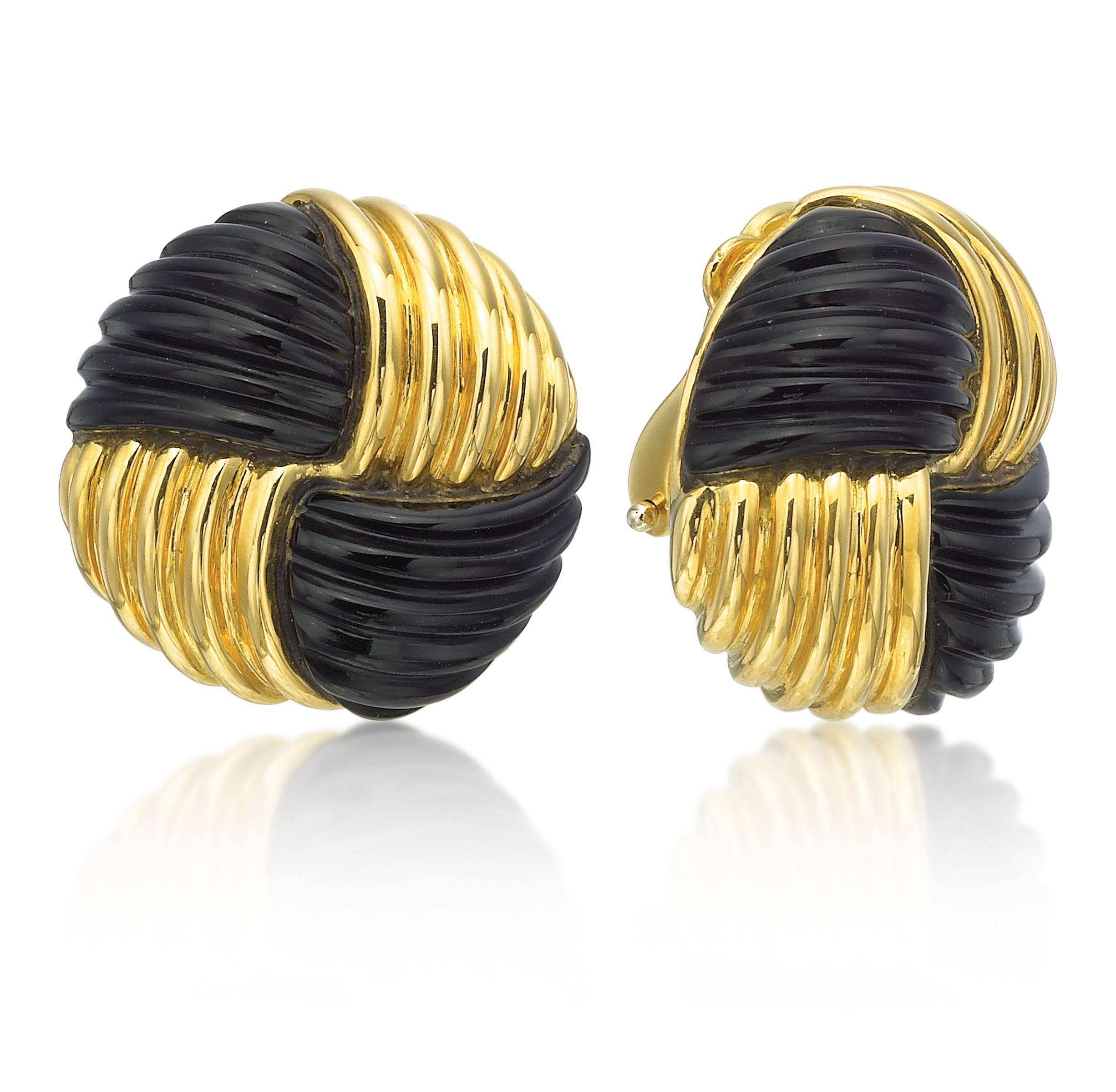 Modern 14 Karat Yellow Gold Black Onyx Swirl Clip Earrings