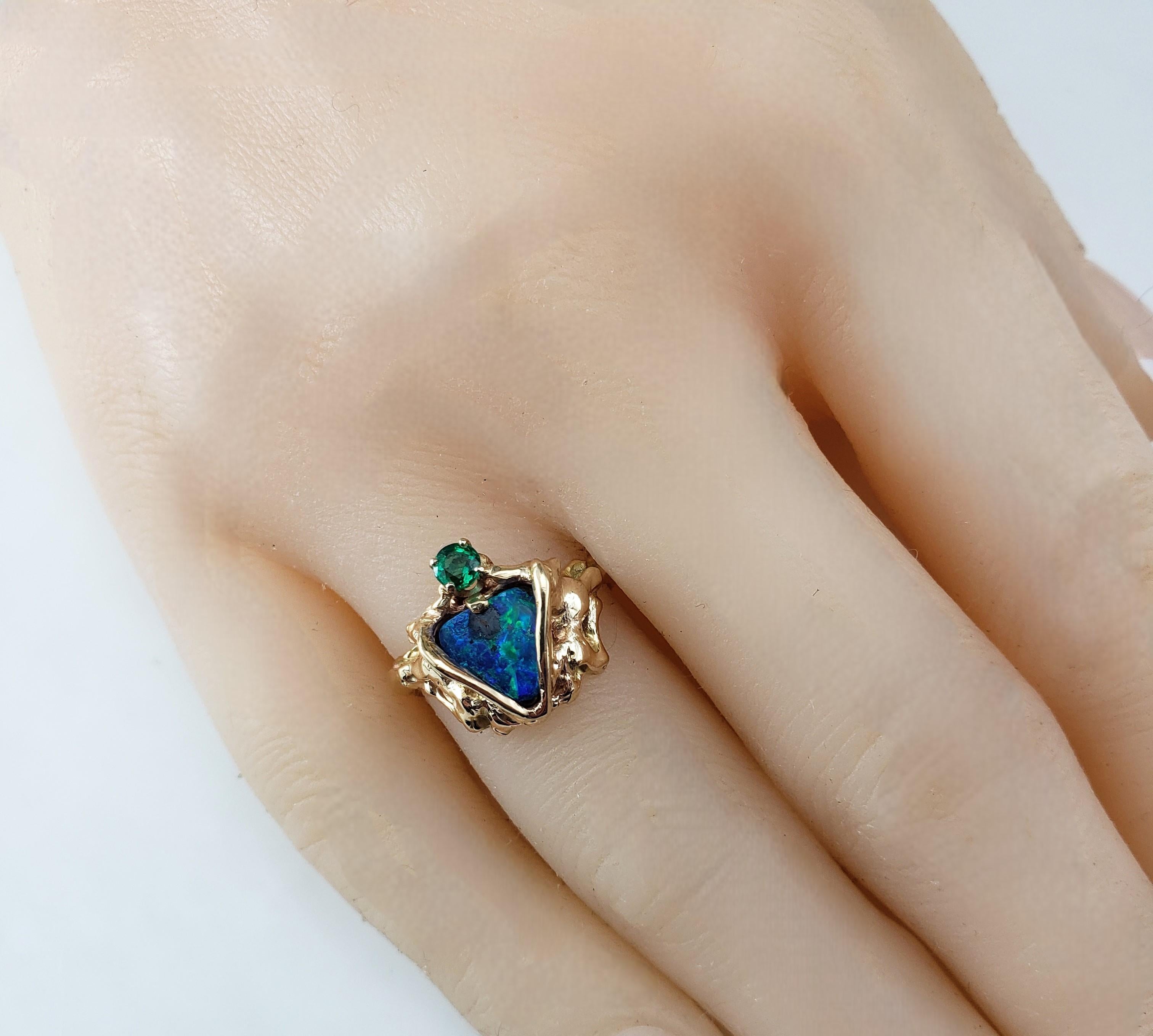 14 Karat Yellow Gold Black Opal and Emerald Ring Size 5  #20697 For Sale 1