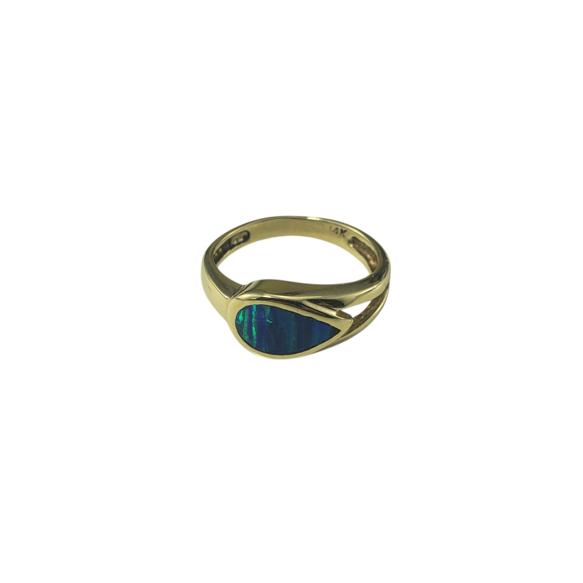14 Karat Yellow Gold Black Opal Inlay Ring Size 4 JAGi Certified-

This elegant ring feature one pearl shaped black opal tablet (9.8 mm x 5.4 mm) set in 14K yellow gold.

Width: 7 mm.
Shank: 2.5 mm.

Ring Size: 4

Weight: 1.8 dwt/ 2.8 gr

Stamped:
