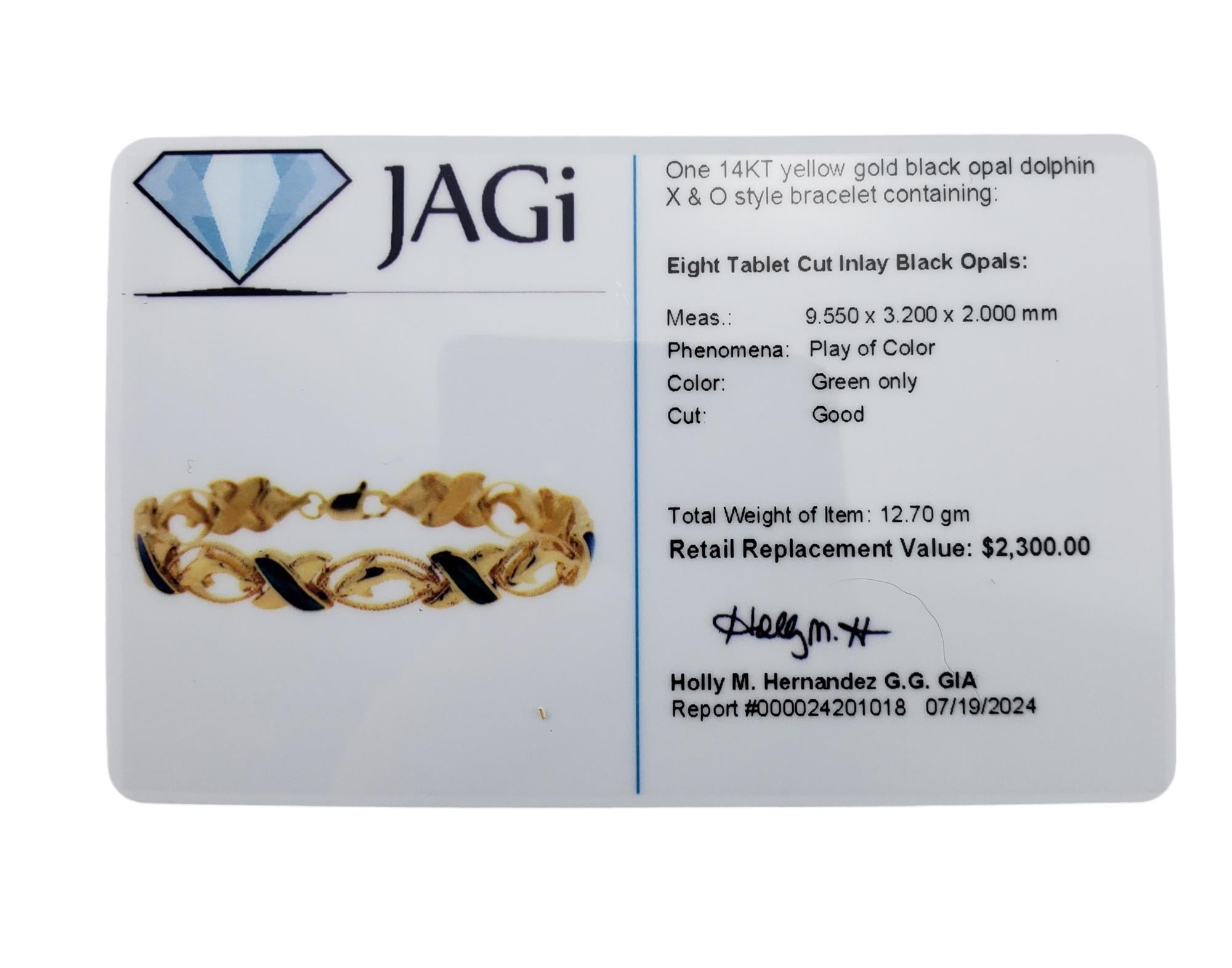 14 Karat Yellow Gold & Black Opal XO Dolphin Bracelet  #18582 For Sale 2
