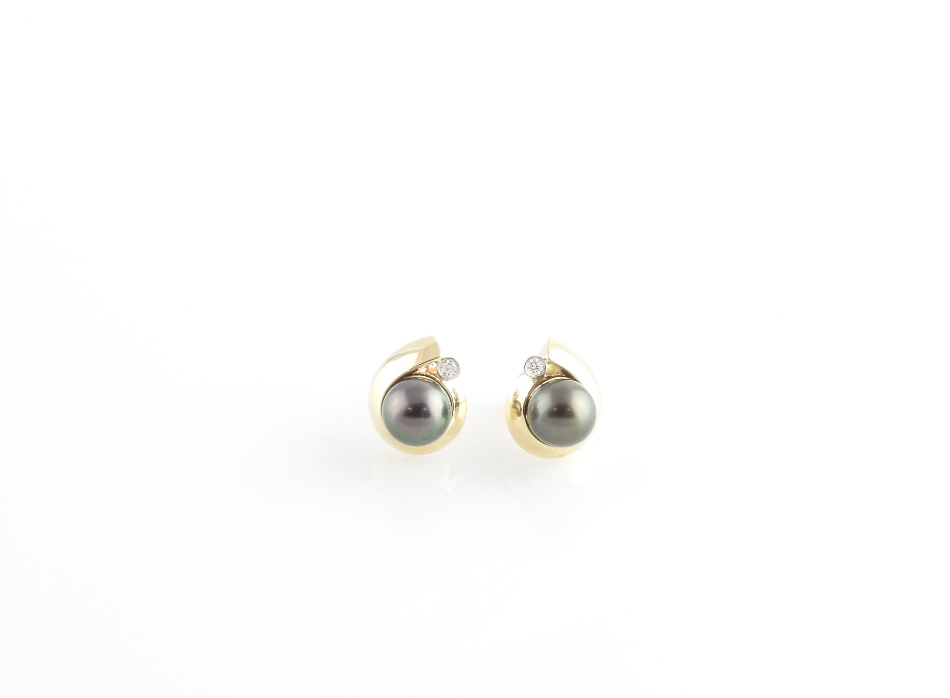Women's 14 Karat Yellow Gold Black Pearl and Diamond Earrings For Sale