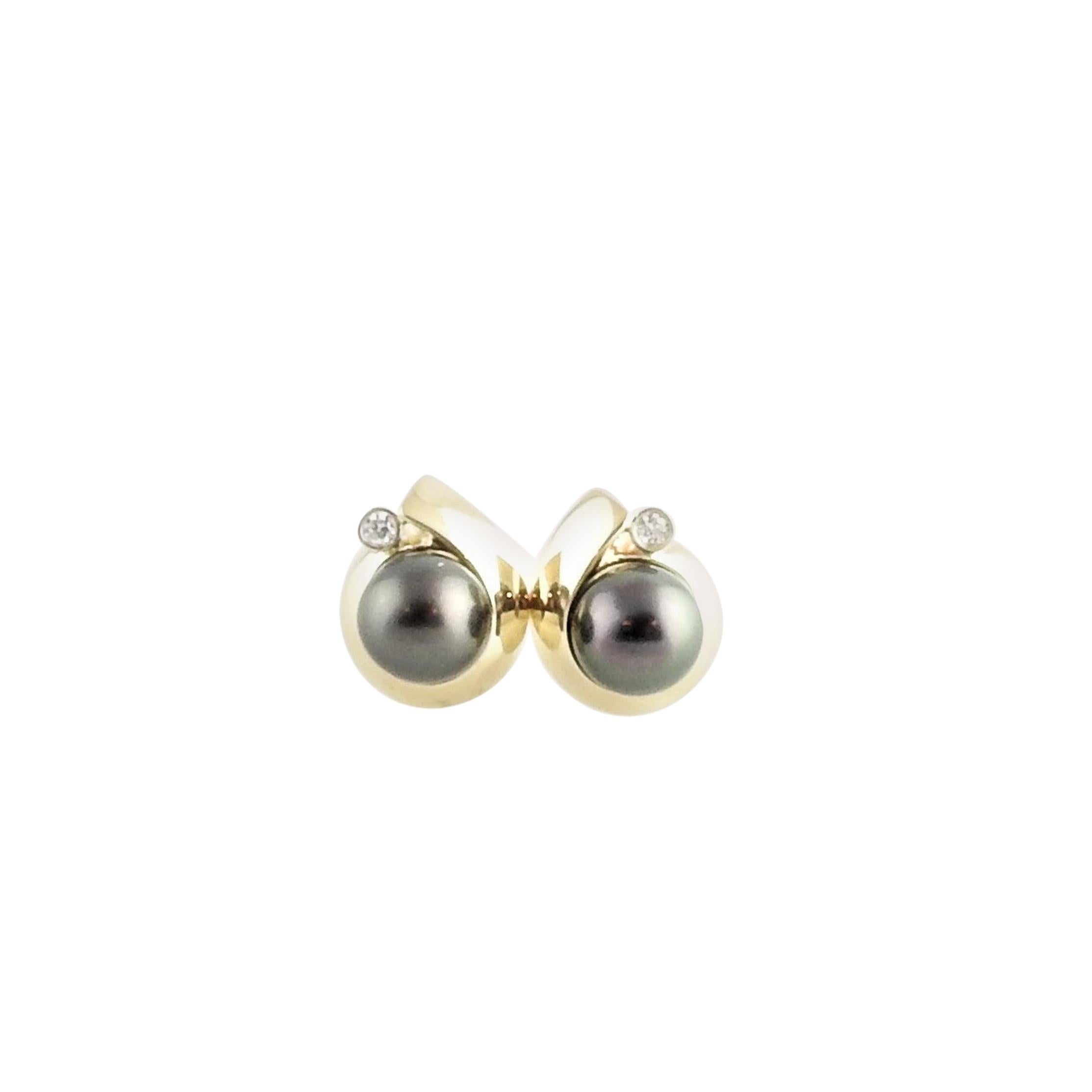 14 Karat Yellow Gold Black Pearl and Diamond Earrings For Sale