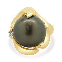 Anello a forma libera con perle nere e diamanti in oro giallo 14 carati