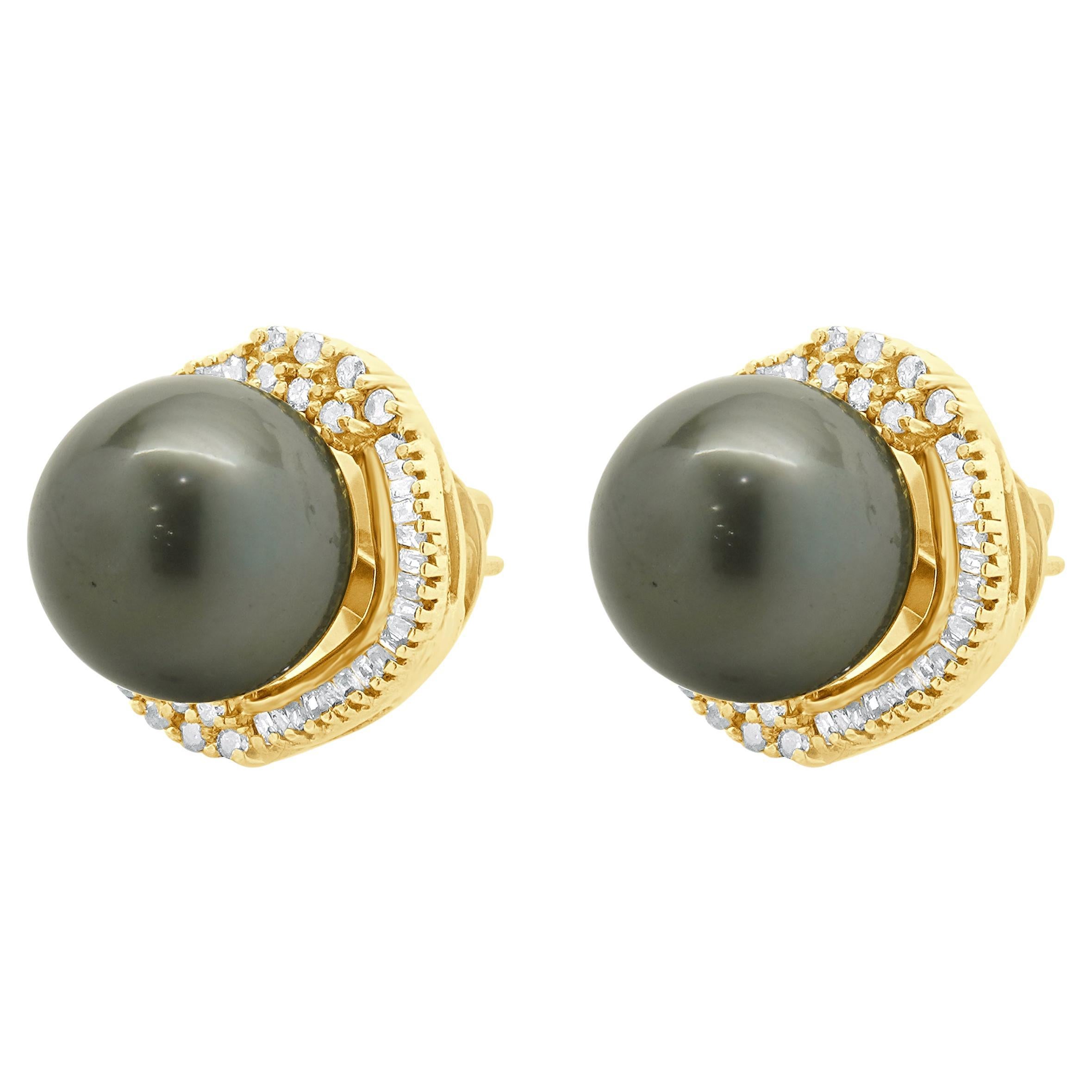 14 Karat Yellow Gold Black Pearl and Diamond Halo Earrings For Sale