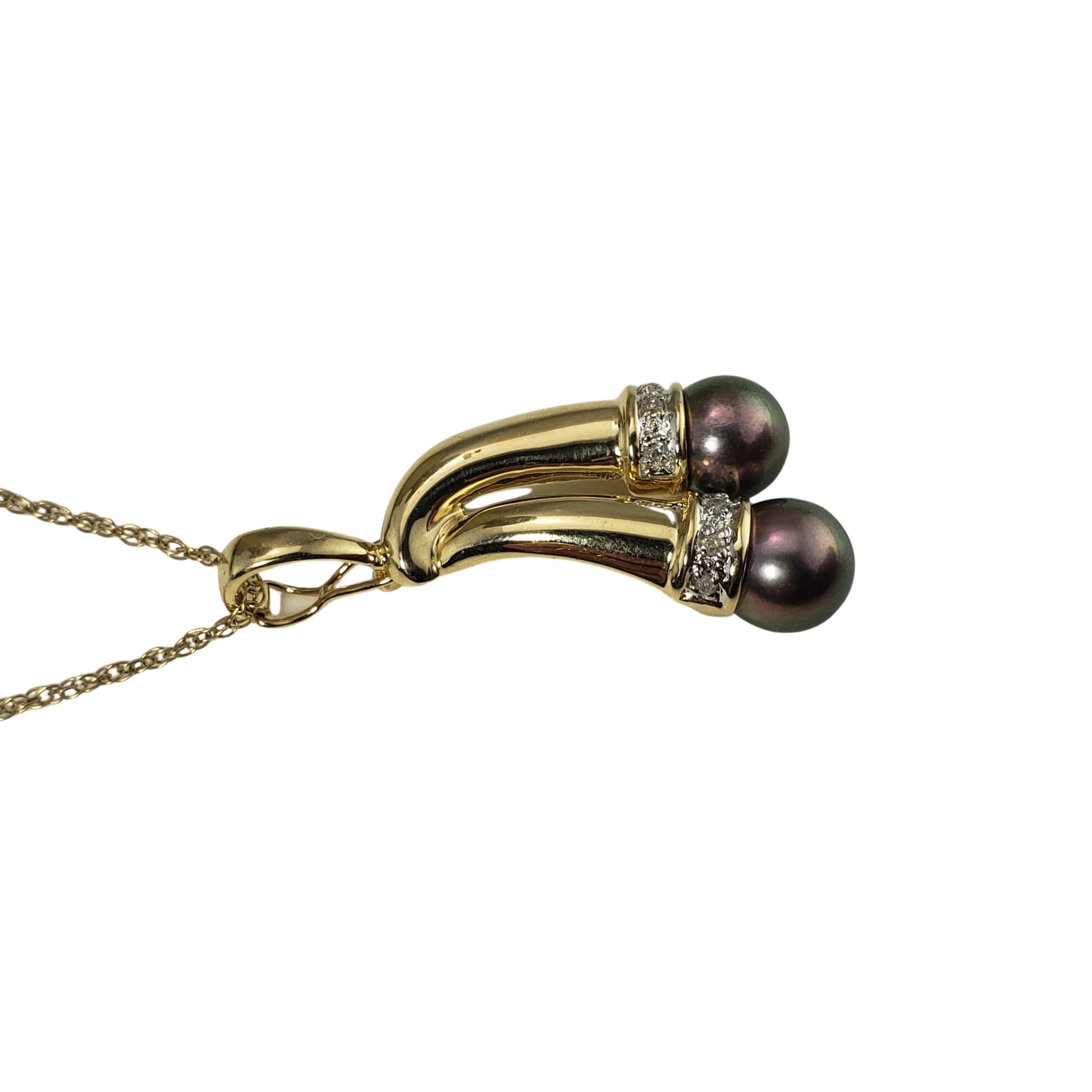 Round Cut 14 Karat Yellow Gold Black Pearl and Diamond Pendant Necklace For Sale