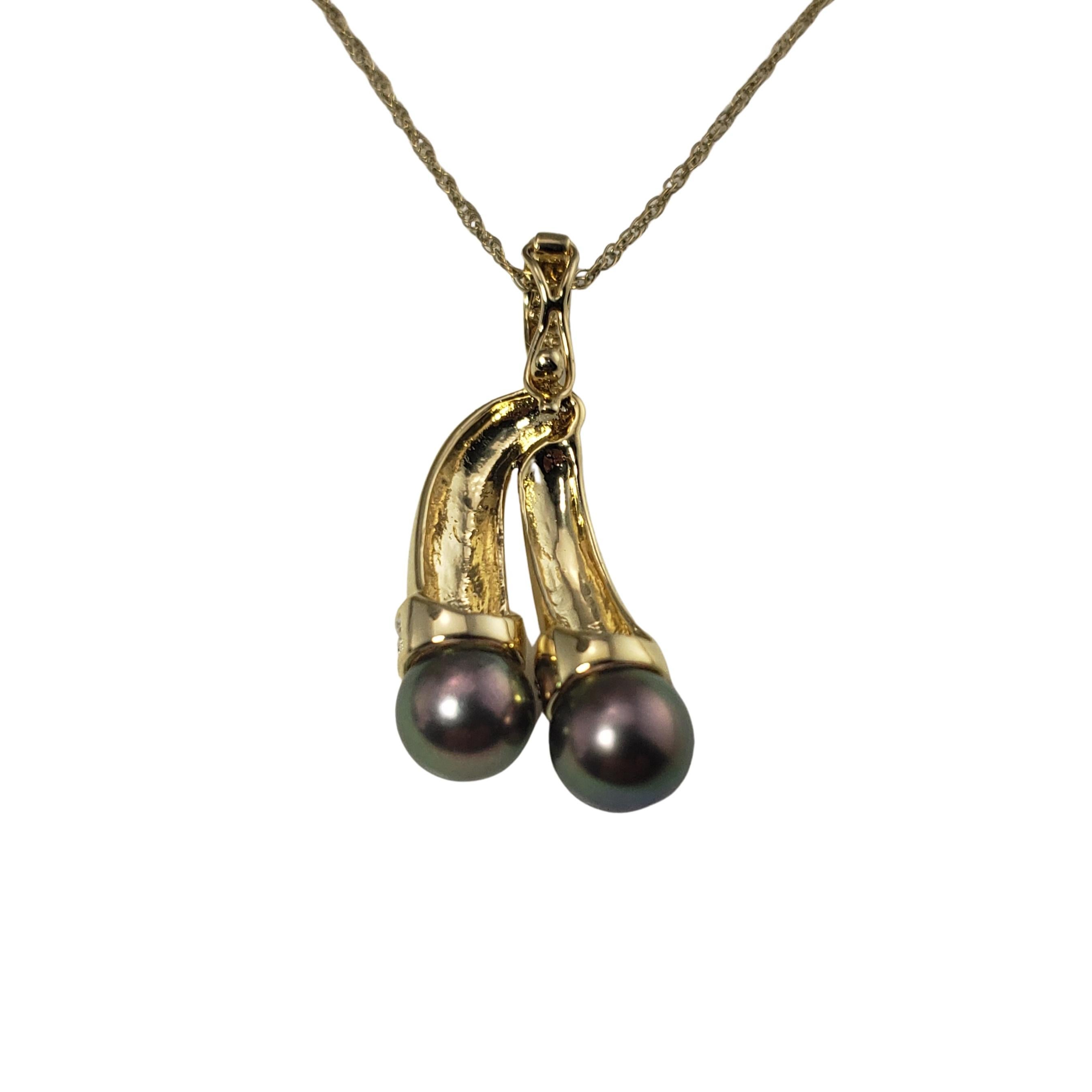 Women's 14 Karat Yellow Gold Black Pearl and Diamond Pendant Necklace For Sale