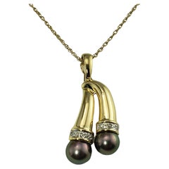 Vintage 14 Karat Yellow Gold Black Pearl and Diamond Pendant Necklace