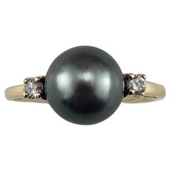 Anillo de oro amarillo de 14 quilates con perla negra y diamantes talla 6.25 #19228