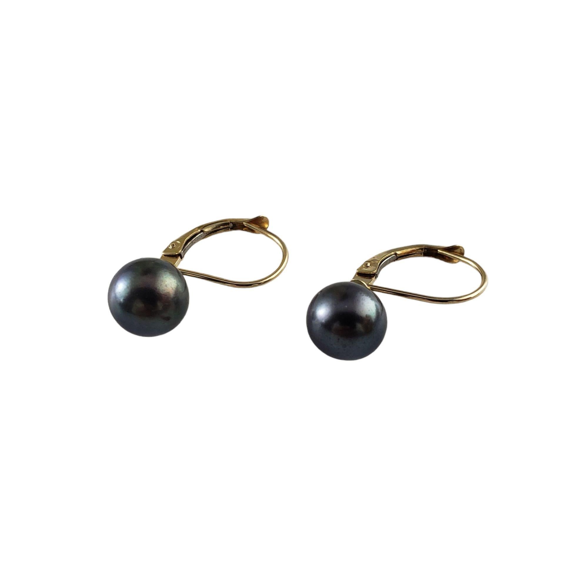 Round Cut 14 Karat Yellow Gold Black Pearl Earrings #13675 For Sale
