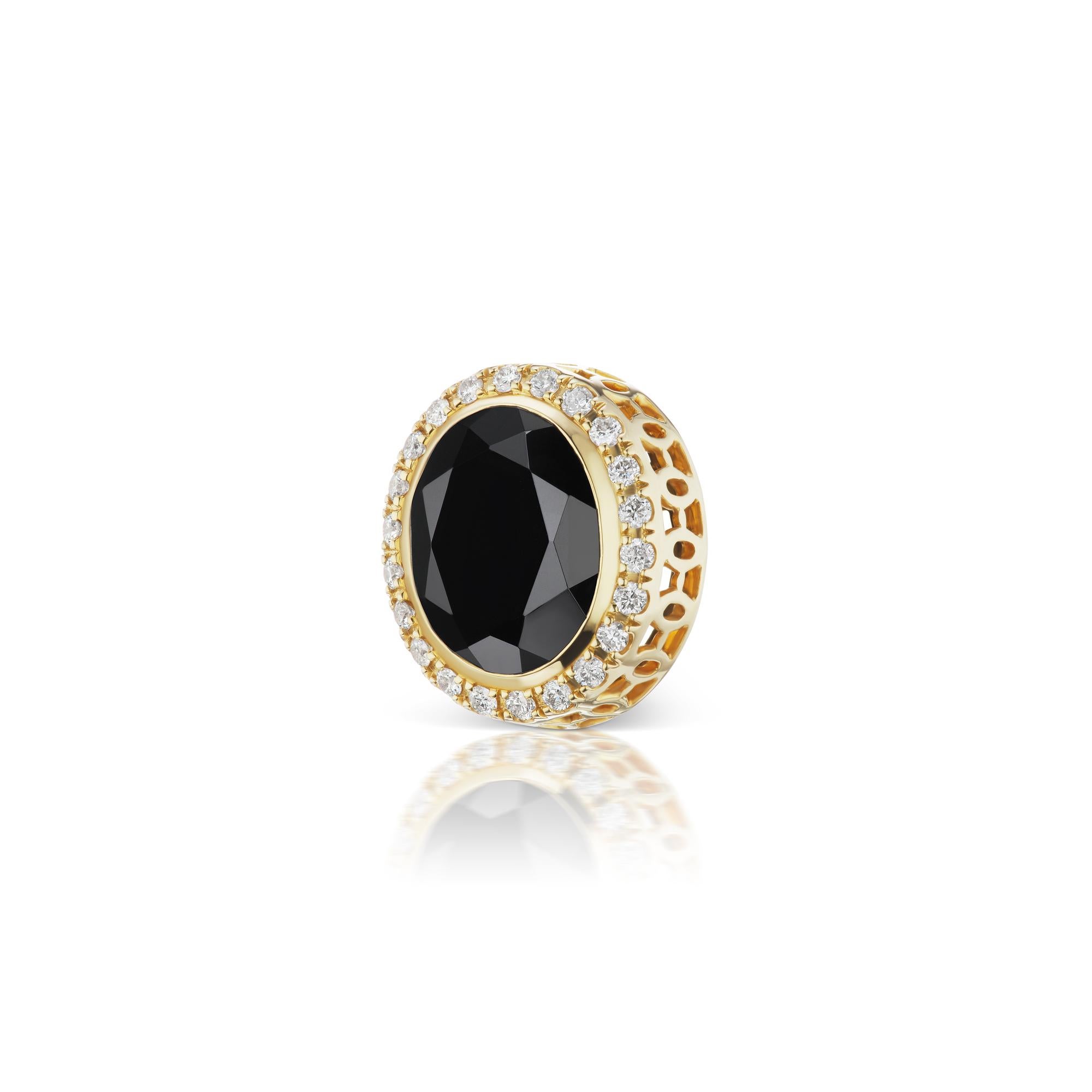 Contemporary 14 Karat Yellow Gold Black Spinel and Diamond Halo Stud Earring For Sale