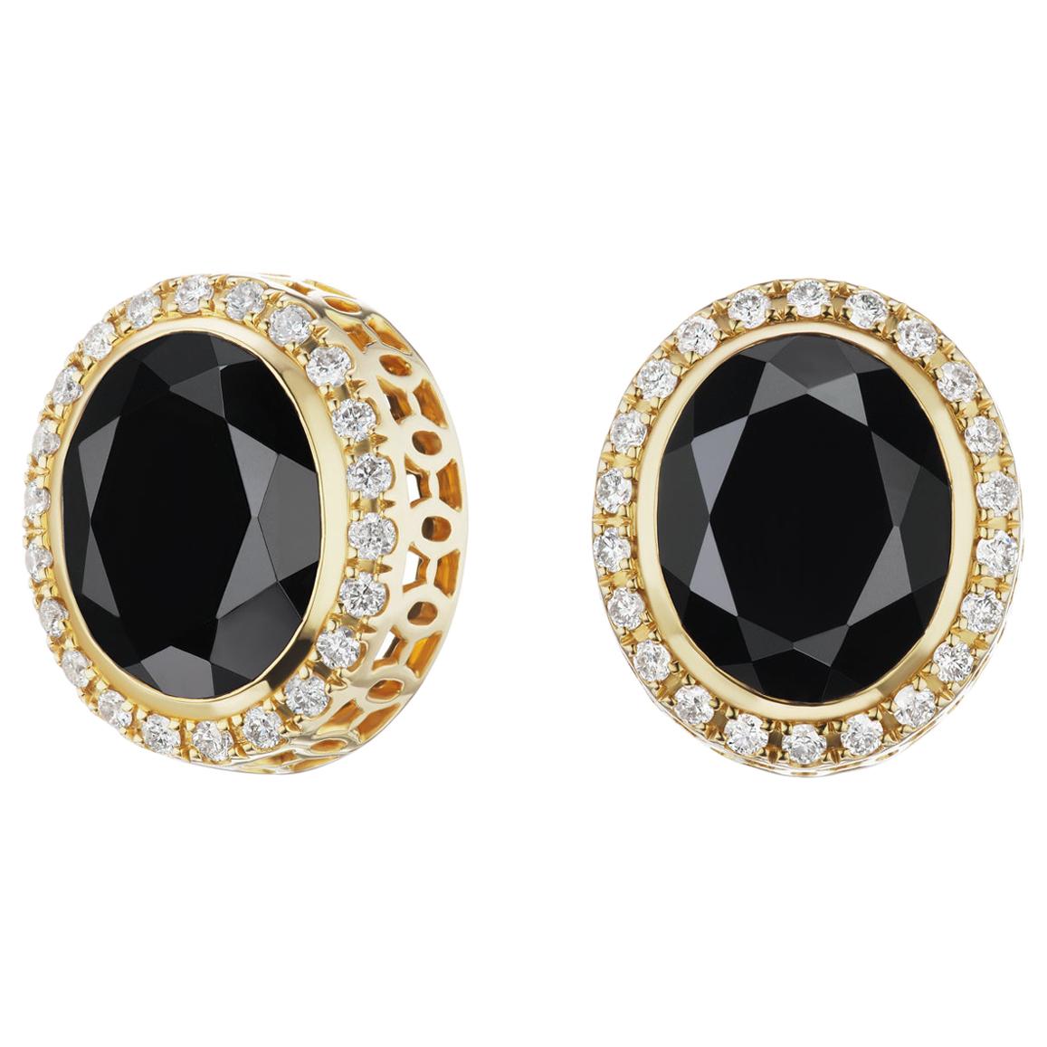14 Karat Yellow Gold Black Spinel and Diamond Halo Stud Earring For Sale