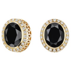 14 Karat Yellow Gold Black Spinel and Diamond Halo Stud Earring