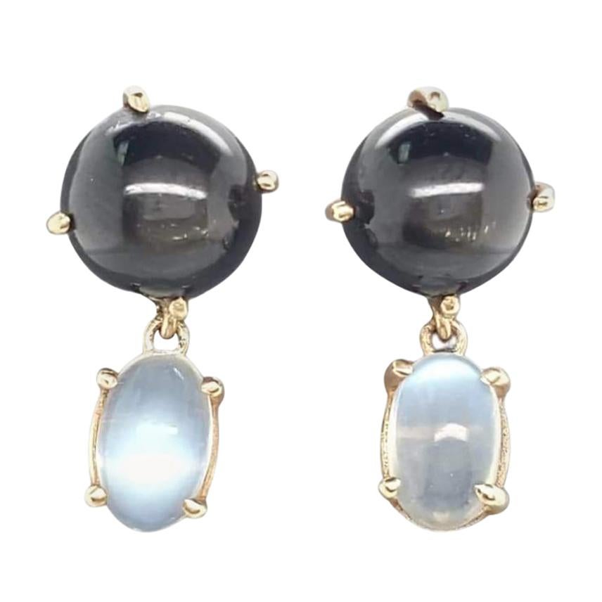 14 Karat Yellow Gold Black Star Diopside and Moonstone Earrings For Sale
