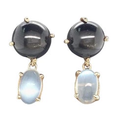 14 Karat Yellow Gold Black Star Diopside and Moonstone Earrings