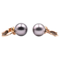 14 Karat Yellow Gold Black Tahitian South Sea Pearl Earrings
