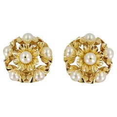 14 Karat Yellow Gold Blooming Flower Pearl Clip-On Earrings