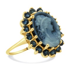 14 Karat Yellow Gold Blue Agate Cameo and Topaz Ring