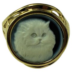 14 Karat Yellow Gold Blue Agate Cat Cameo Ring Size 7 #20106