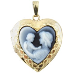 Vintage 14 Karat Yellow Gold Blue Agate Mother and Child Heart Locket Pendant