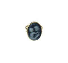 14 Karat Yellow Gold Blue Agate Mother Child Cameo Ring Size 7 #15525