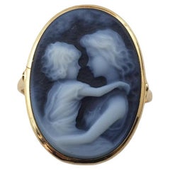 14 Karat Yellow Gold Blue Agate Mother Child Cameo Ring Size 7 #15525