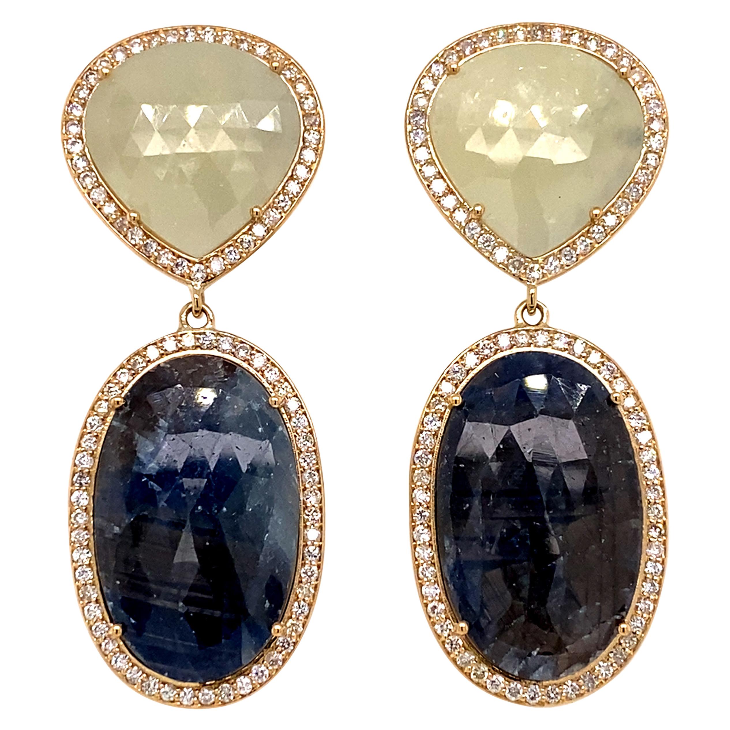 14 Karat Yellow Gold Blue and Cream Sapphire Slice and Diamond Drop Earrings For Sale