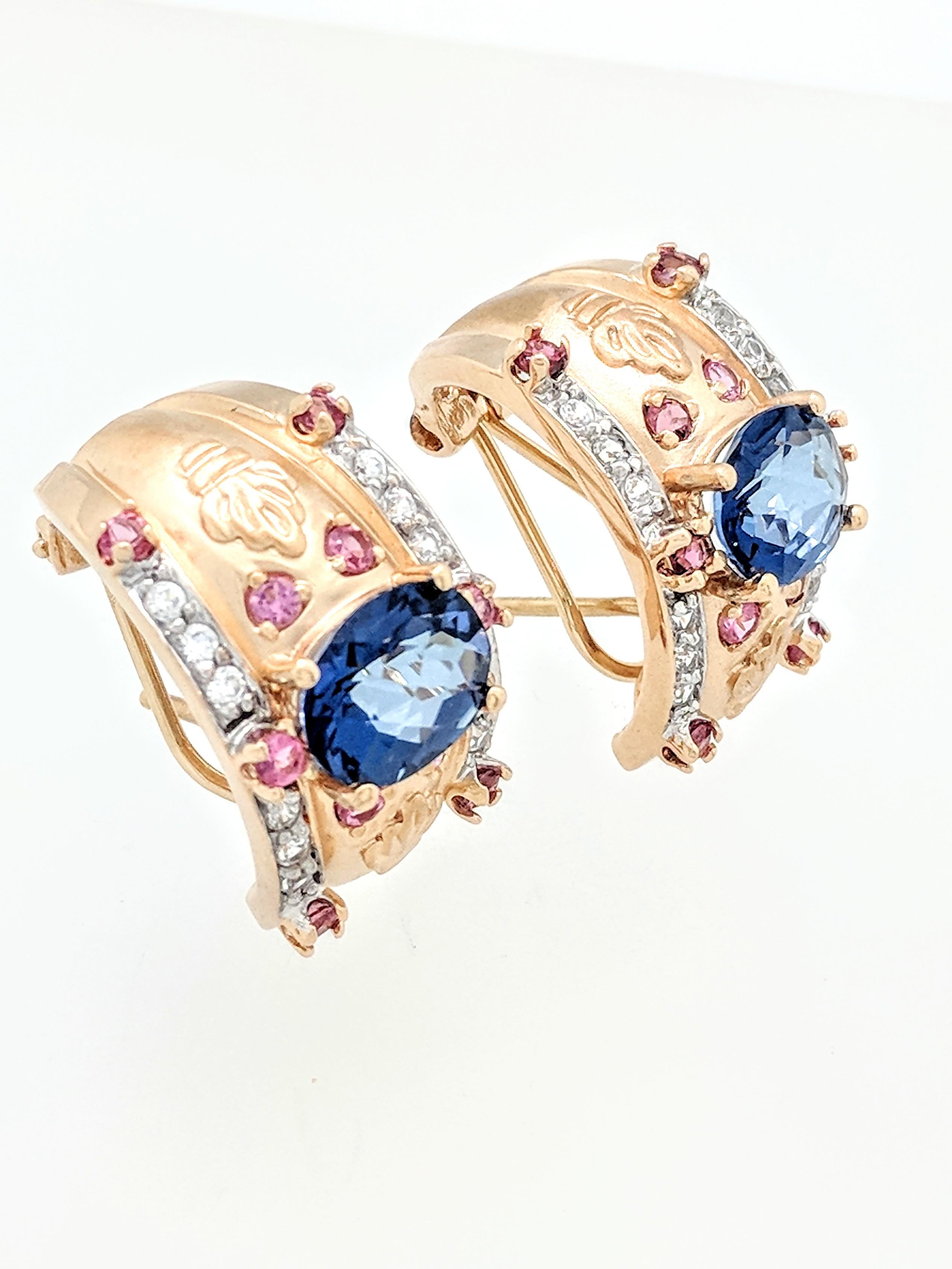 Contemporary 14 Karat Yellow Gold Blue and Pink Sapphire and Diamond Earrings 10.4 Grams