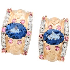 14 Karat Yellow Gold Blue and Pink Sapphire and Diamond Earrings 10.4 Grams