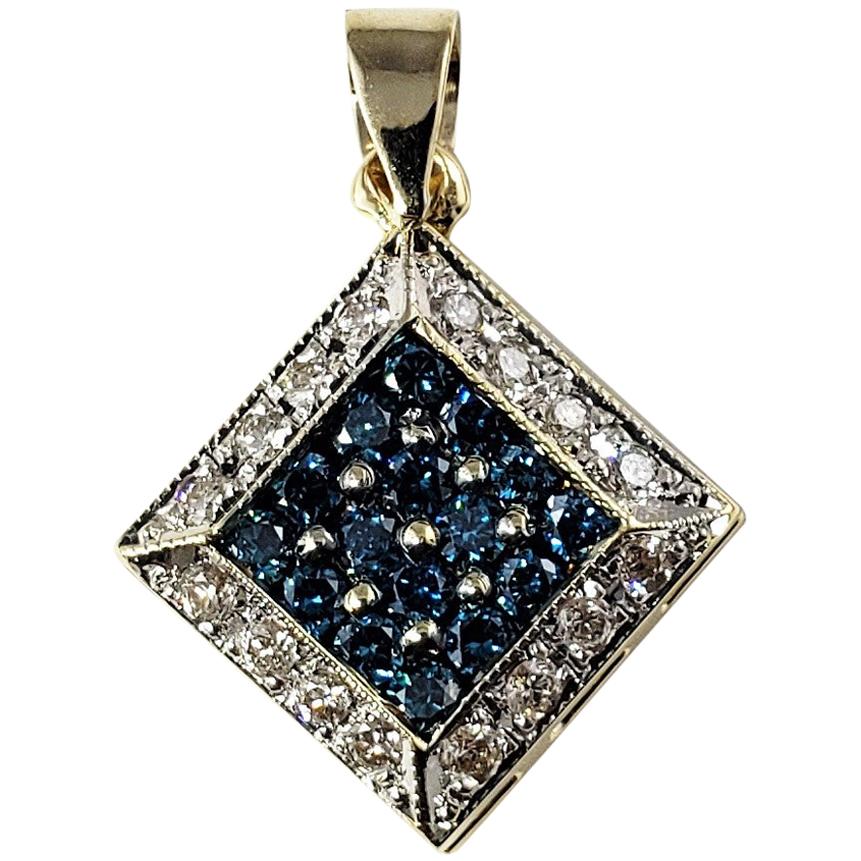 14 Karat Yellow Gold Blue Color-Treated Diamond and White Diamond Pendant For Sale