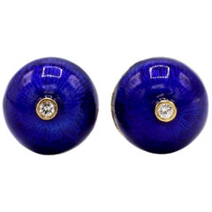 14 Karat Yellow Gold Blue Enamel and Diamond Dome Earrings