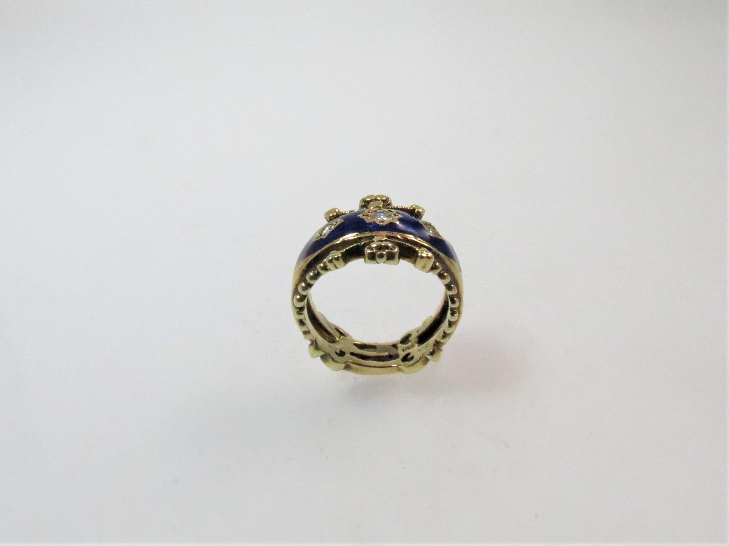 Round Cut 14 Karat Yellow Gold Blue Enamel and Diamond Ring For Sale