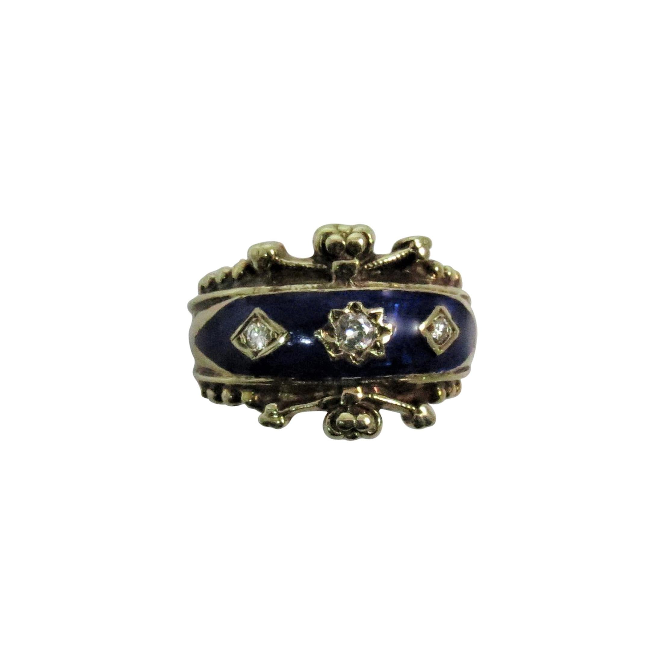 14 Karat Yellow Gold Blue Enamel and Diamond Ring For Sale