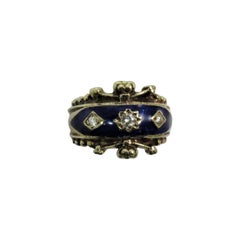 14 Karat Yellow Gold Blue Enamel and Diamond Ring