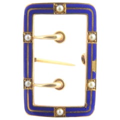 14 Karat Yellow Gold Blue Enamel and Seed Pearl Buckle Brooch / Pin