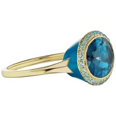 14 Karat Yellow Gold Blue Enamel Blue Topaz Ring