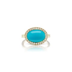 14 Karat Yellow Gold Blue Enamel Turquoise Cabochon and Diamond Ring