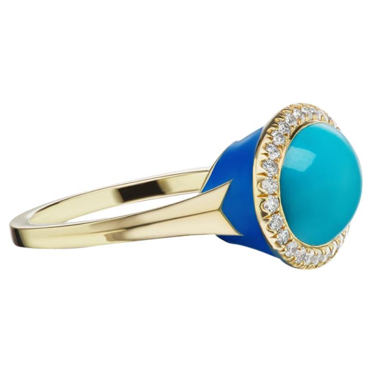 14 Karat Yellow Gold Blue Enamel Turquoise Cabochon and Diamond Ring