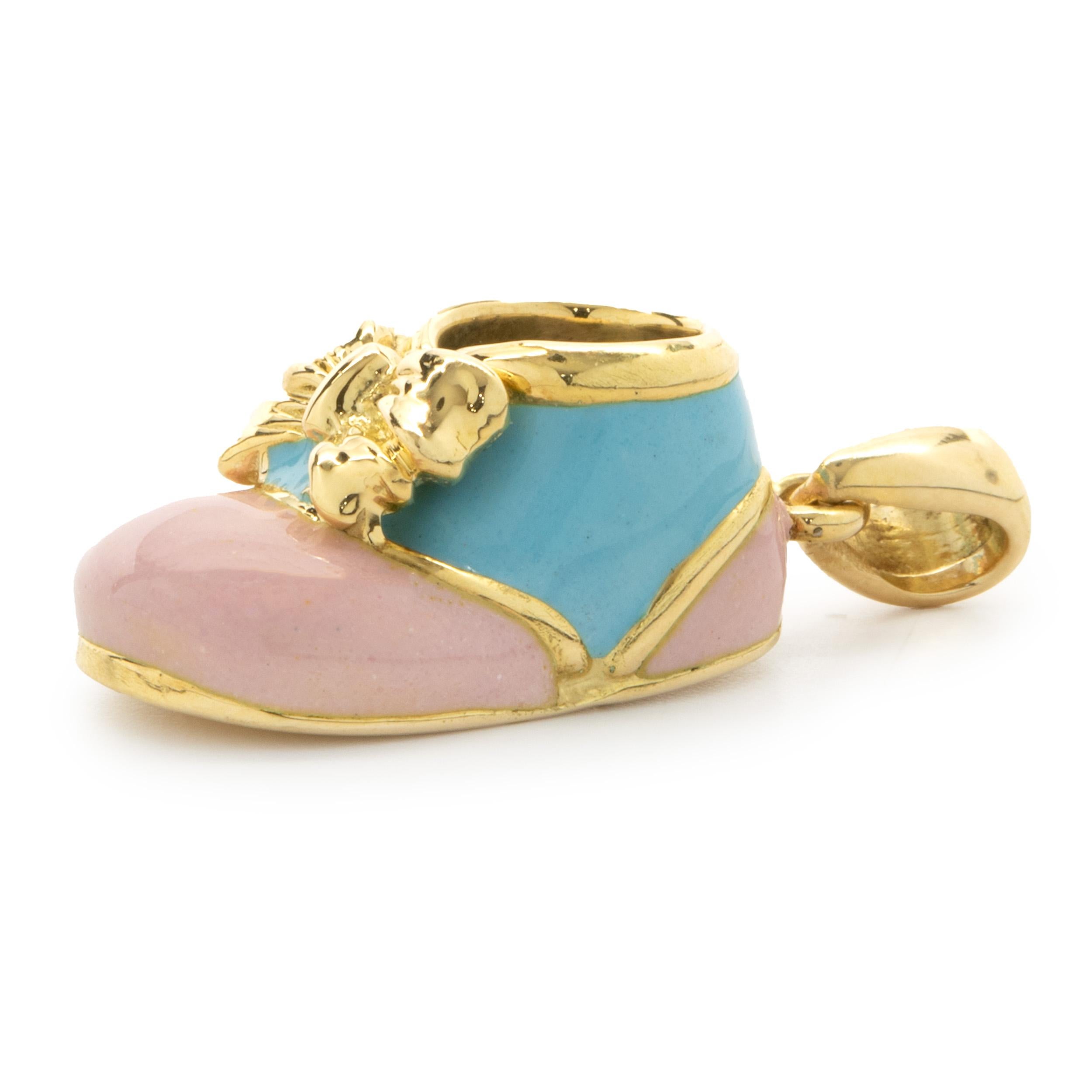 18 Karat Yellow Gold Blue & Pink Enamel Baby Shoe Pendant In Excellent Condition For Sale In Scottsdale, AZ