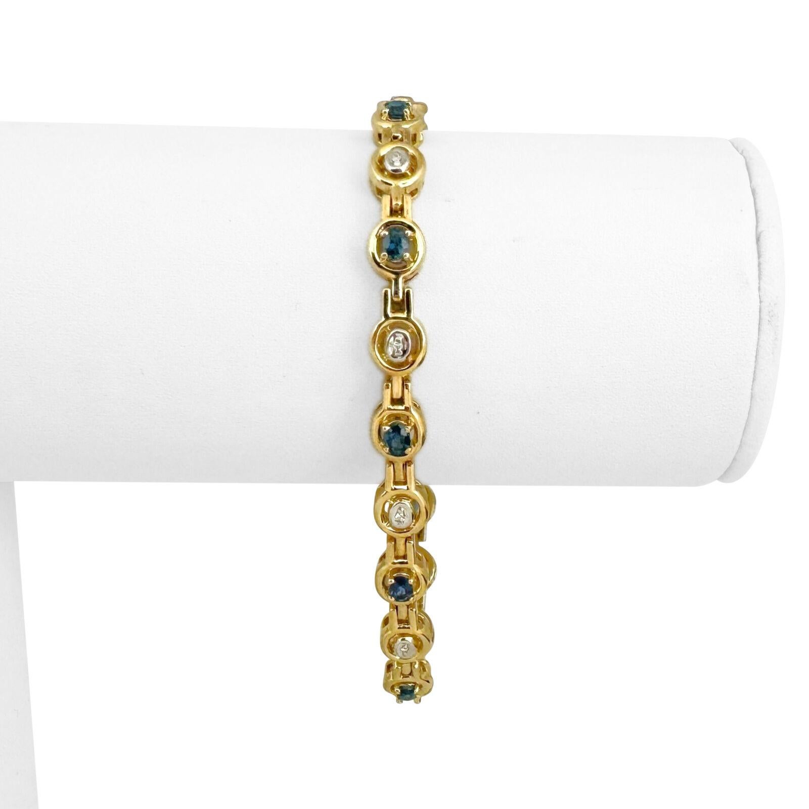 14k Yellow Gold 13.3g Blue Sapphire and Diamond Ladies Link Bracelet 7