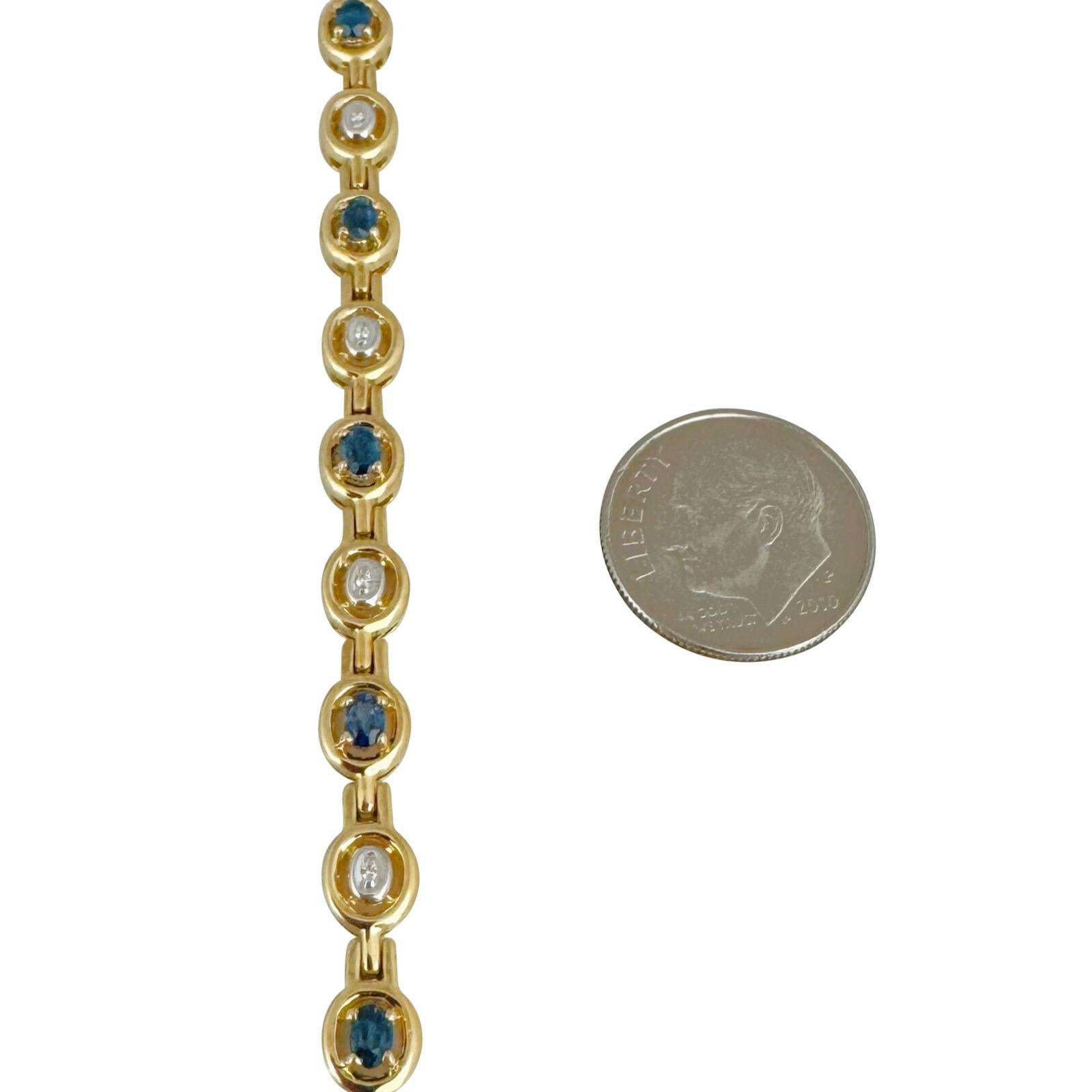 Women's 14 Karat Yellow Gold Blue Sapphire and Diamond Ladies Link Bracelet For Sale