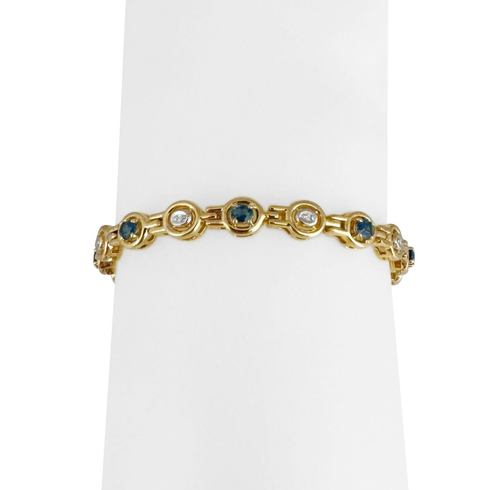 14 Karat Yellow Gold Blue Sapphire and Diamond Ladies Link Bracelet For Sale 3