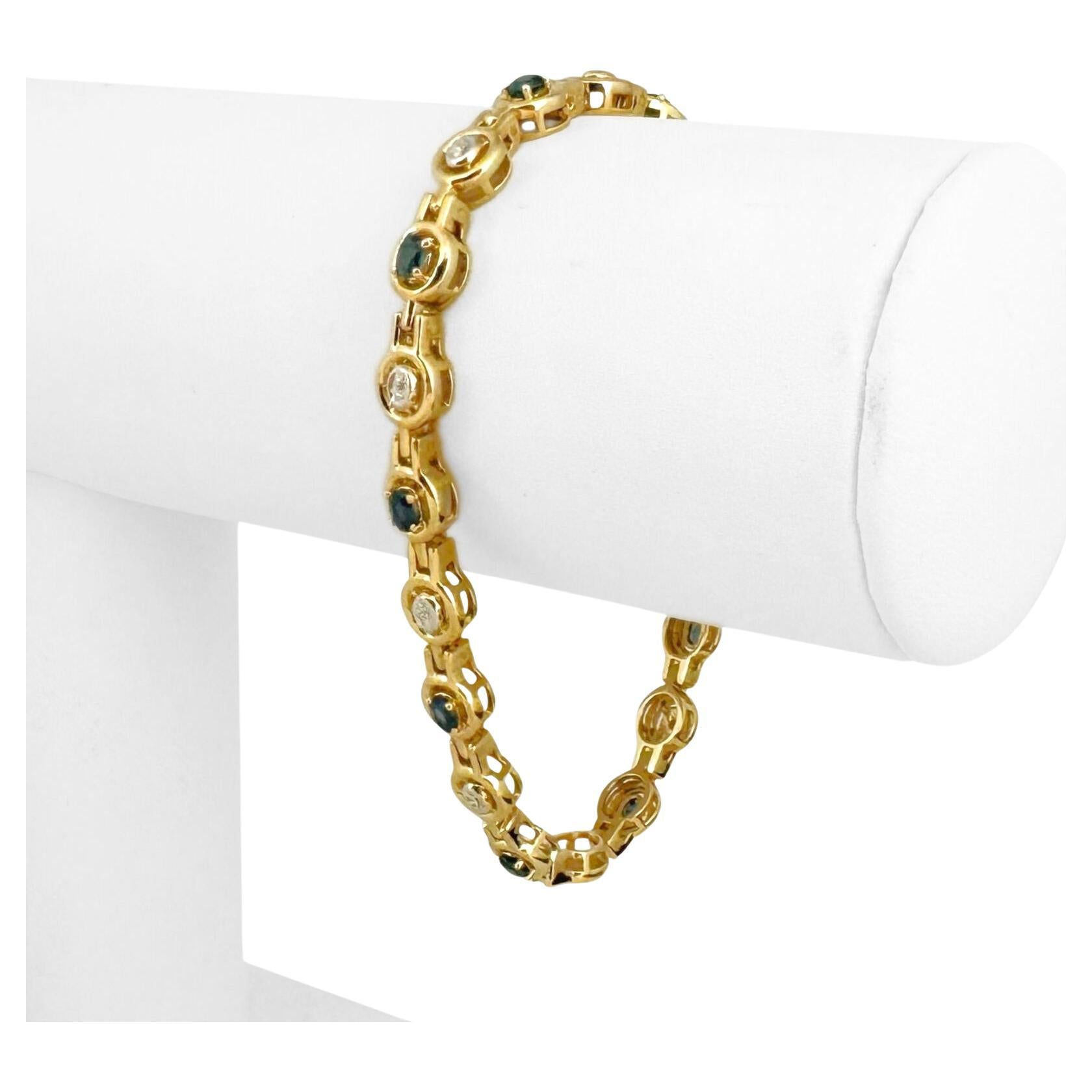 Bracelet à maillons pour femmes en or jaune 14 carats, saphir bleu et diamants en vente
