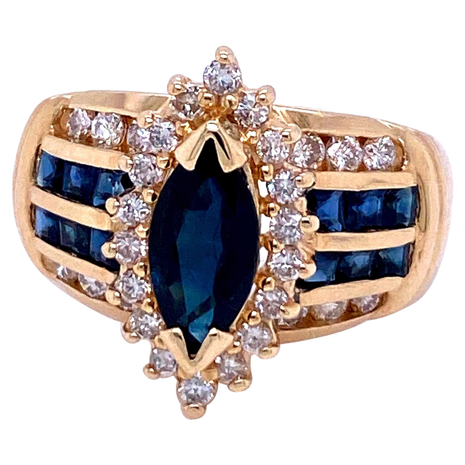 14 Karat Yellow Gold Blue Sapphire and Light Brown Diamond Ring