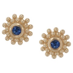 14 Karat Yellow Gold Blue Sapphire Beaded Stud Earrings 