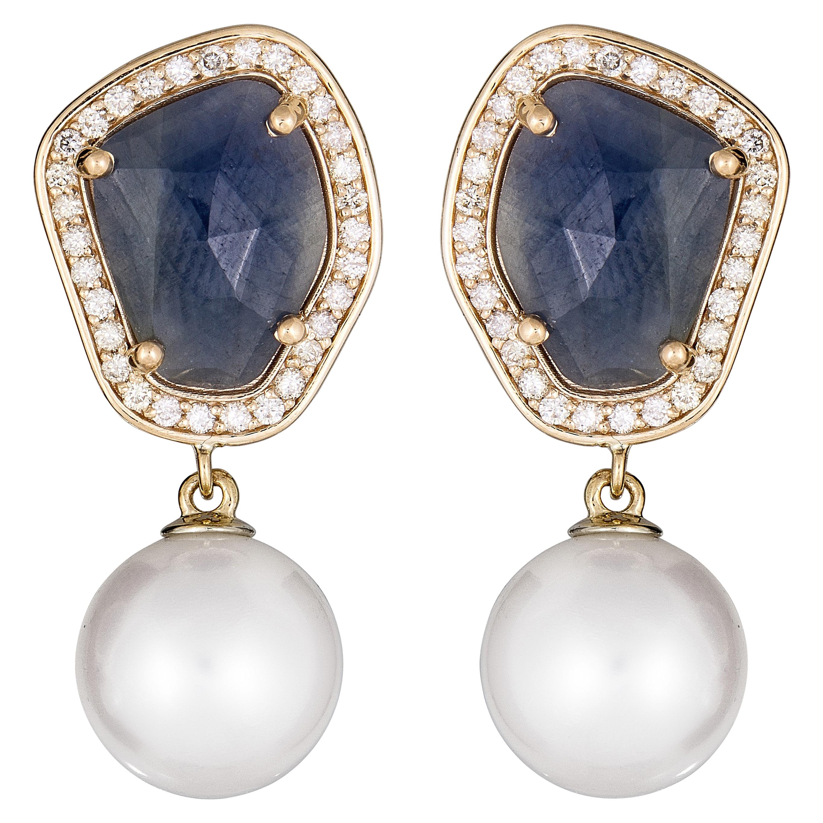 14k Yellow Gold Blue Sapphire Slice Diamond Pearl Drop Earrings For Sale