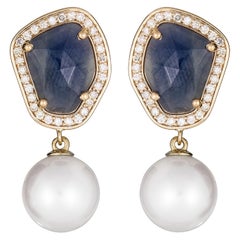 14k Yellow Gold Blue Sapphire Slice Diamond Pearl Drop Earrings