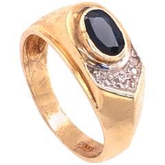 14 Karat Gelbgold Blauer Saphir Solitär mit Diamant-Akzent-Ring